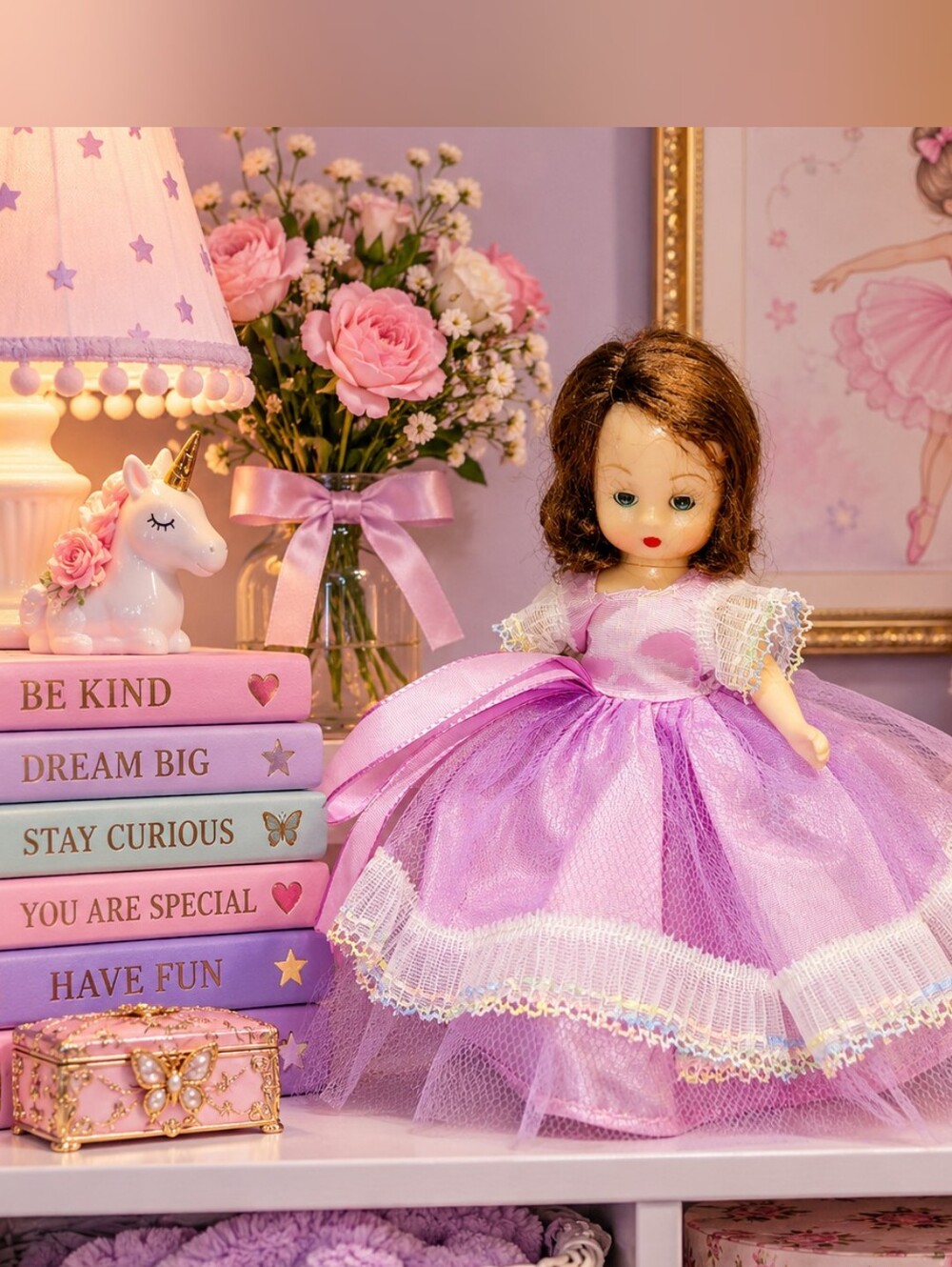 Vintage Nancy Ann Story Book Doll 1950s Sleep Eyes Pink Lavender Dress 6”